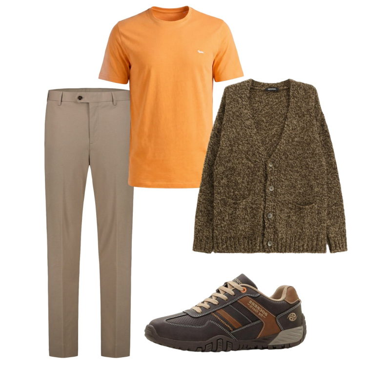 Outfit uomo - Marzo. Stile Casual per Tutti i giorni. Abbinamento con sneakers, cardigans, t-shirt, pantaloni.