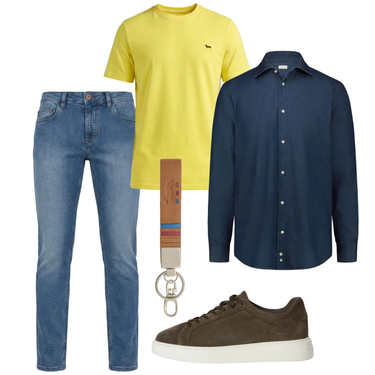 Outfit uomo - Primavera. Stile Casual per Tutti i giorni. Abbinamento con portachiavi, t-shirt, sneakers, jeans, camicie.