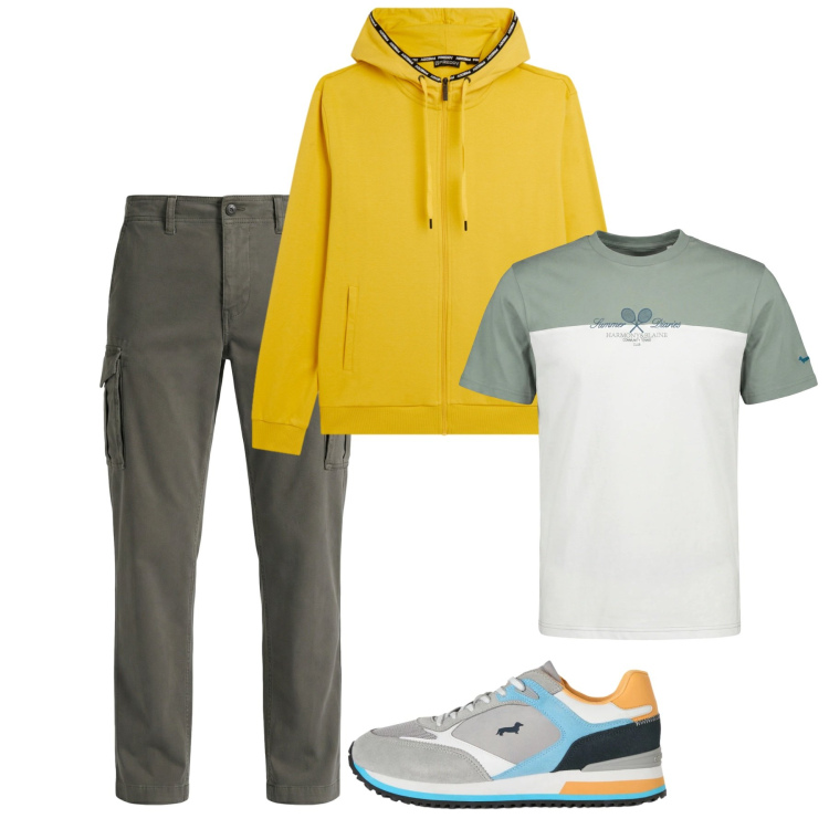 Outfit uomo - Giallo sole. Stile Casual per Tutti i giorni. Abbinamento con sneakers, t-shirt, pantaloni cargo, felpe con cappuccio.
