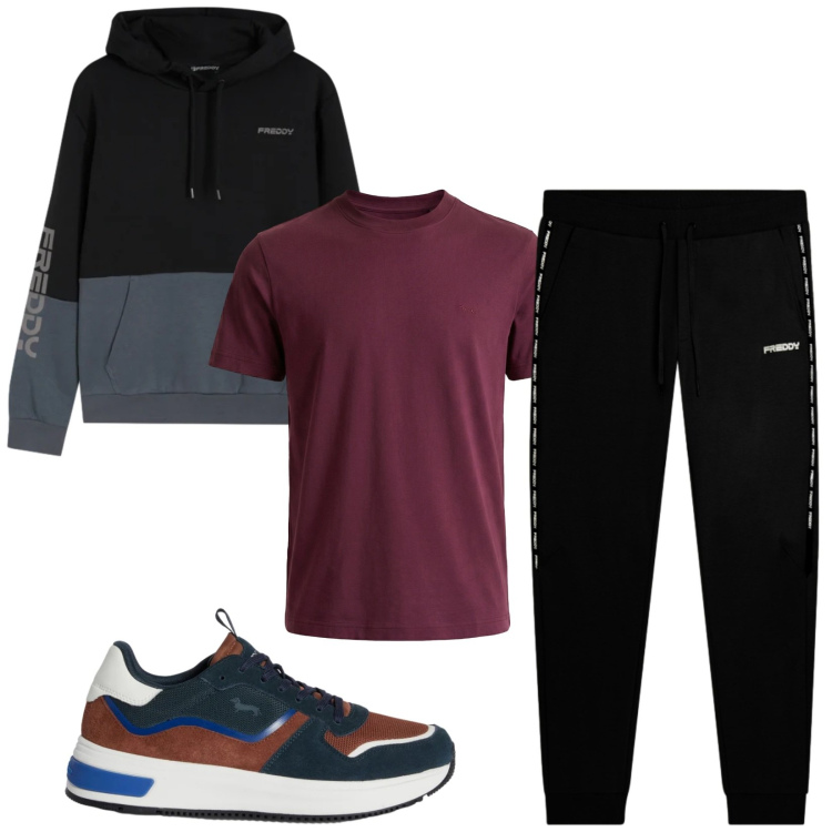 Outfit uomo - Total look #2368791. Stile Urban per Sport. Abbinamento con sneakers, t-shirt, felpe con cappuccio, pantaloni.