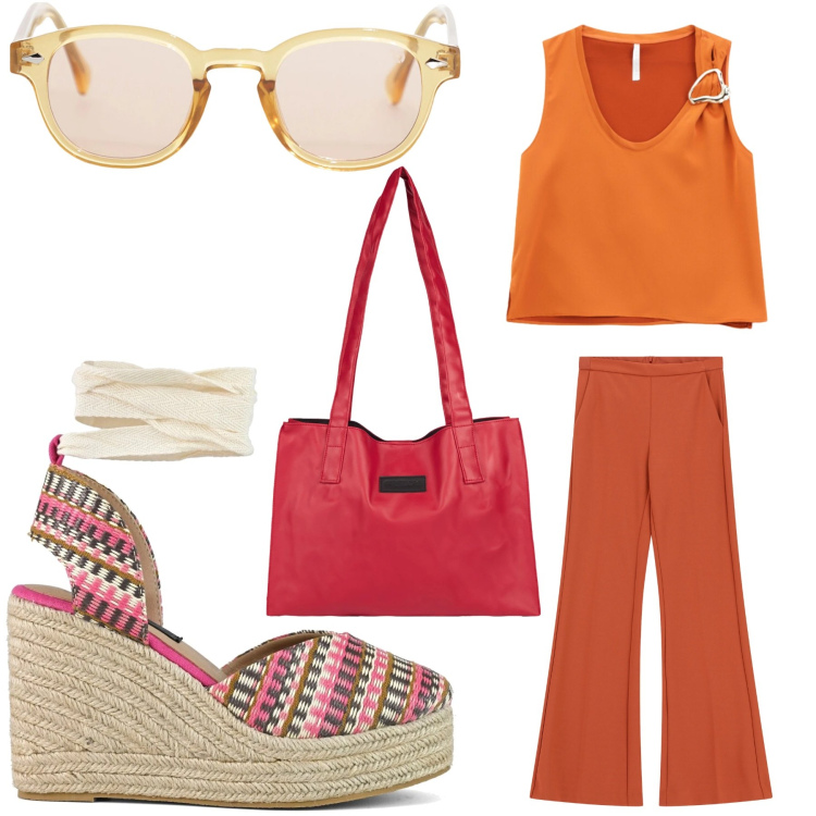 Outfit donna - Shopping in città. Stile Casual chic per Tutti i giorni. Abbinamento con occhiali da sole, pantaloni, top, shopping bag, zeppe.