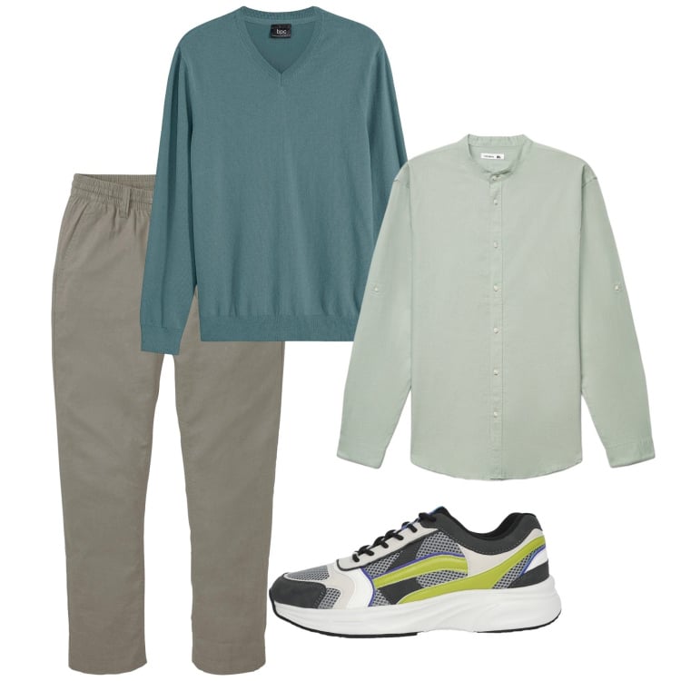 Outfit uomo - Weekend. Stile Casual per Tutti i giorni. Abbinamento con maglieria, pantaloni chino, sneakers, camicie.