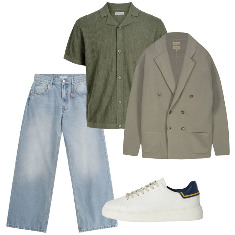 Outfit uomo - Weekend. Stile Casual per Tutti i giorni. Abbinamento con camicie a manica corta, sneakers, jeans, cardigans.