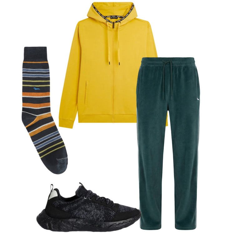 Outfit uomo - Total look #2368799. Stile Trendy per Sport. Abbinamento con pantaloni, calzini, sneakers, felpe con cappuccio.