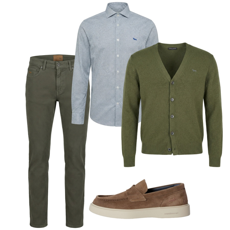 Outfit uomo - Pomeriggio tra amici. Stile Casual per Tutti i giorni. Abbinamento con camicie, scarpe stringate, pantaloni, cardigans.