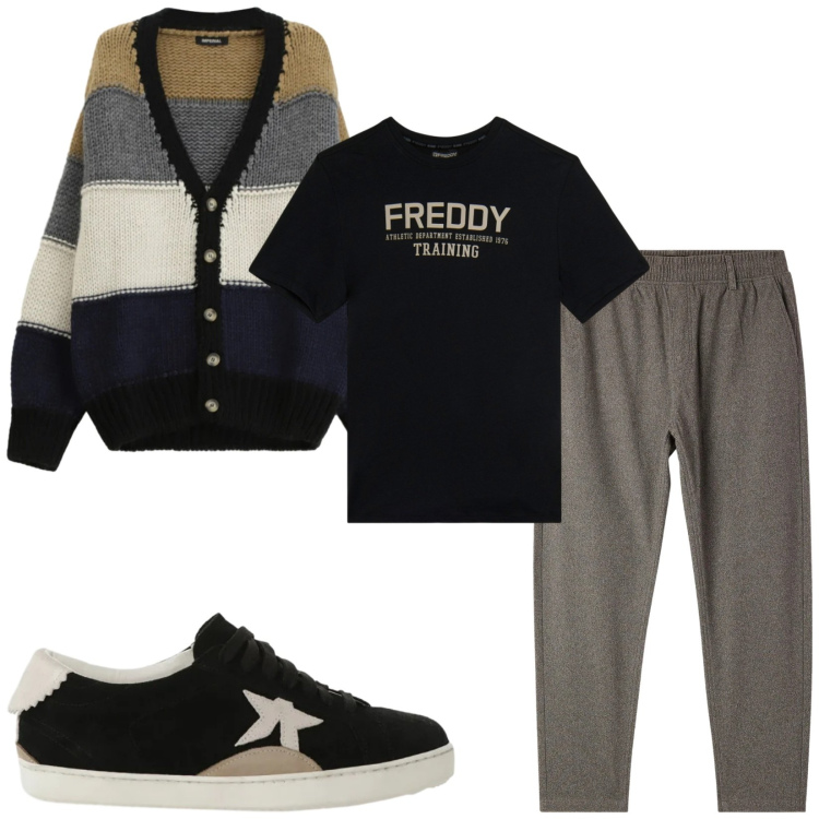 Outfit uomo - Total look #2368801. Stile Casual per Tutti i giorni. Abbinamento con sneakers, cardigans, t-shirt, pantaloni.