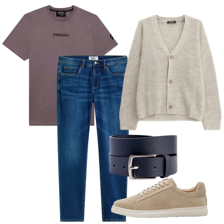 Outfit uomo - In forma. Stile Casual per Tutti i giorni. Abbinamento con jeans, sneakers, cardigans, t-shirt, cinture.
