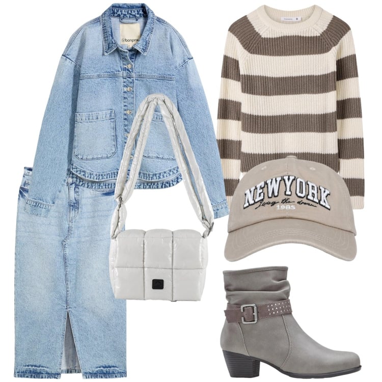 Outfit donna - Jeans e casual. Stile Casual per Tutti i giorni. Abbinamento con gonne longuette, stivaletti, cappotti, cappelli con visiera, maglieria, borse a spalla.