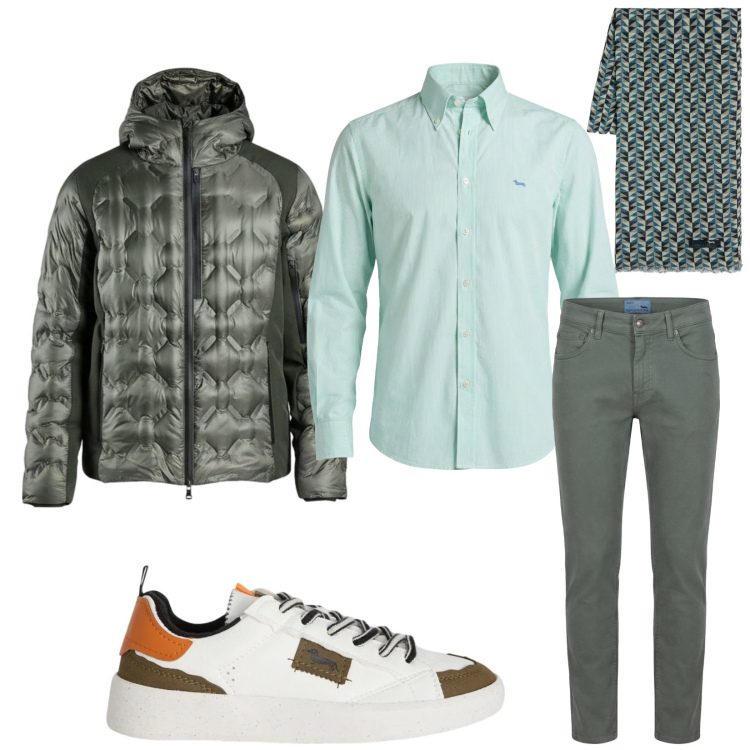 Outfit uomo - Total look #2368811. Stile Trendy per Serata speciale. Abbinamento con sciarpe, camicie, sneakers, pantaloni, piumini.