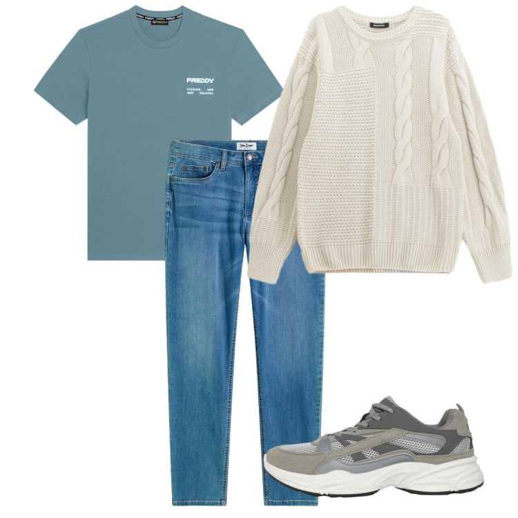 Outfit uomo - Relax zone. Stile Casual per Tutti i giorni. Abbinamento con jeans, maglieria, t-shirt, sneakers.