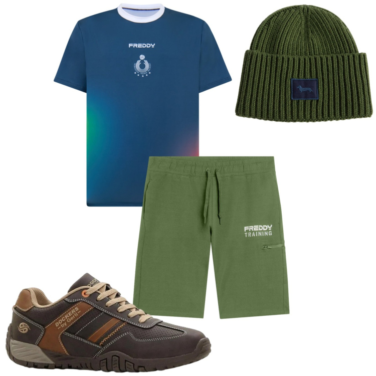 Outfit uomo - Total look #2368821. Stile Urban per Sport. Abbinamento con sneakers, berretti, t-shirt, bermuda.