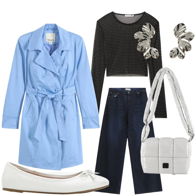 Outfit donna - Trench primaverile. Stile Casual per Tutti i giorni. Abbinamento con ballerine, trench, maglieria, jeans, orecchini, borse a spalla.