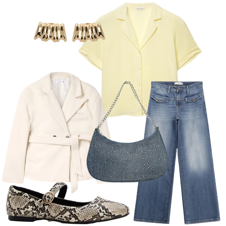 Outfit donna - Ballerine pitonate. Stile Glamour per Tutti i giorni. Abbinamento con ballerine, orecchini, jeans, blazer, borse a tracolla, camicie a manica corta.