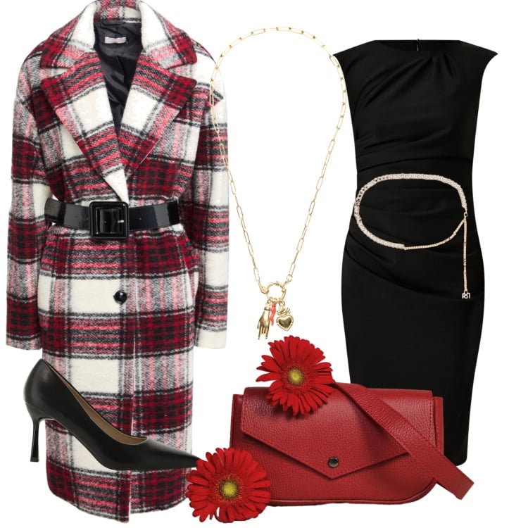 Outfit donna - Scaramantico look. Stile Romantica per Serata fuori. Abbinamento con cappotti, cinture, vestiti a tubino, décolleté, borse a tracolla, ciondoli.