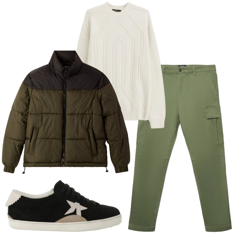 Outfit uomo - Total look #2368827. Stile Trendy per Tutti i giorni. Abbinamento con pullovers, sneakers, bomber, pantaloni cargo.