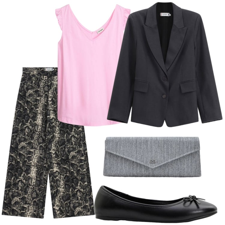 Outfit donna - Il top rosa confetto. Stile Casual per Tutti i giorni. Abbinamento con ballerine, top, pantaloni a palazzo, blazer, pochette.