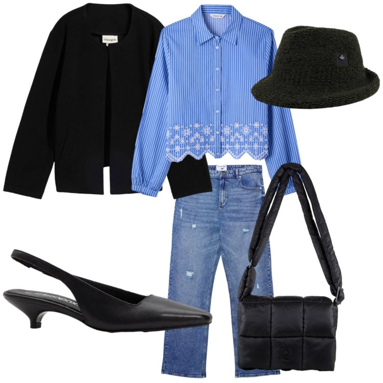 Outfit donna - Blu e nero. Stile Casual per Tutti i giorni. Abbinamento con blazer, décolleté, jeans strappati, camicie, cappelli, borse a spalla.