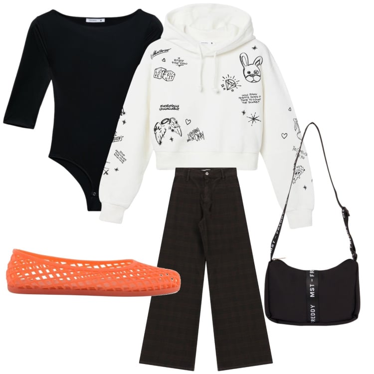 Outfit donna - Body e felpa. Stile Trendy per Tutti i giorni. Abbinamento con felpe con cappuccio, t-shirt, pantaloni a palazzo, borse a tracolla, ballerine.