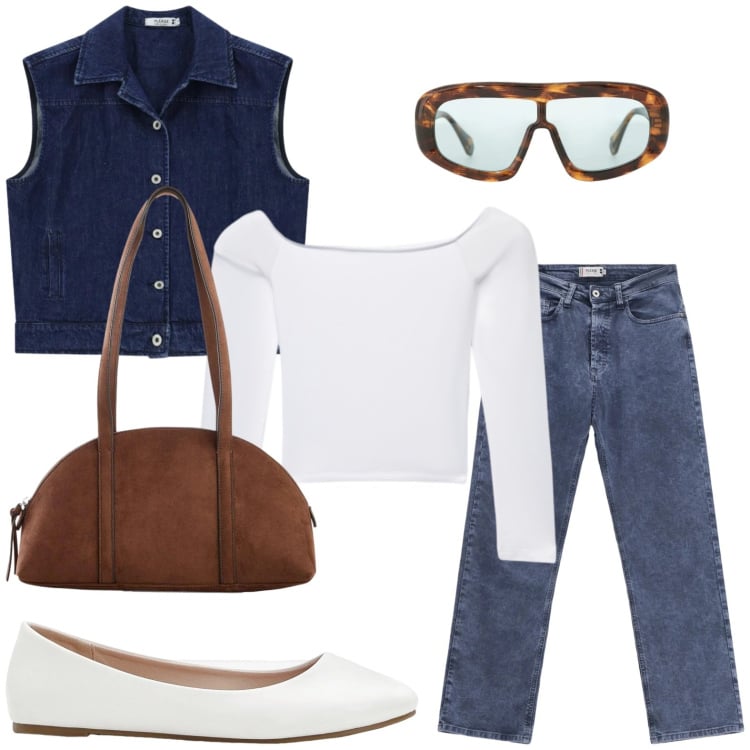 Outfit donna - Il gilet urban. Stile Urban per Tutti i giorni. Abbinamento con ballerine, borse a tracolla, t-shirt, jeans dritti, gilet, occhiali da sole.