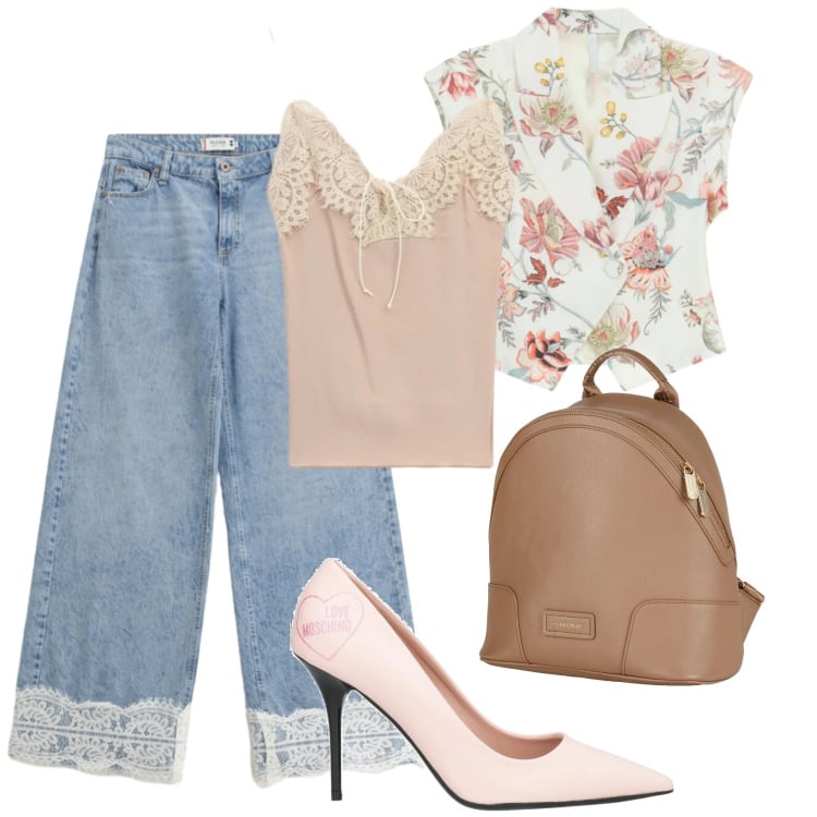 Outfit donna - Marzo rosa @danipoetessa73. Stile Romantica per Tutti i giorni. Abbinamento con zaini, décolleté, jeans, gilet, top.