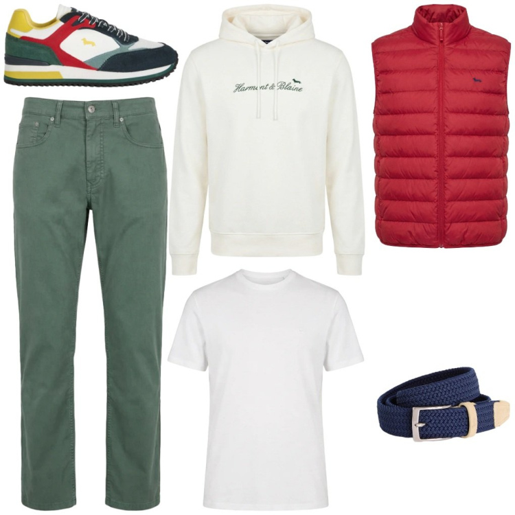 Outfit uomo - Rino: una bandiera. Stile Urban per Tutti i giorni. Abbinamento con cinture, sneakers, felpe con cappuccio, piumini, t-shirt, pantaloni.