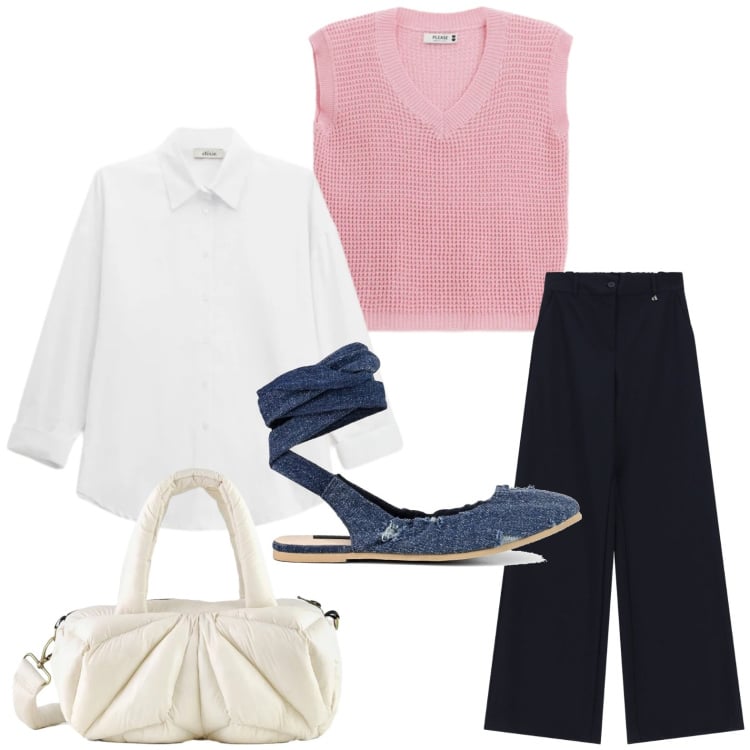Outfit donna - Look di primavera. Stile Basic per Tutti i giorni. Abbinamento con top, borse a mano, camicie, pantaloni a palazzo, ballerine.