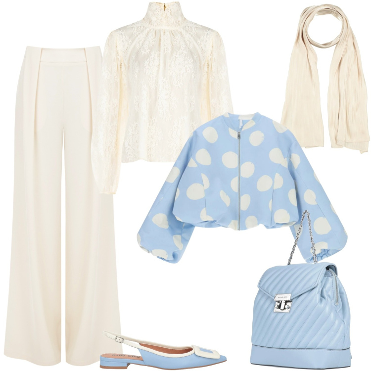 Outfit donna - Il ritorno delle ballerine. Stile Chic per Serata fuori. Abbinamento con zaini, ballerine, sciarpe, bomber, pantaloni a palazzo, bluse.