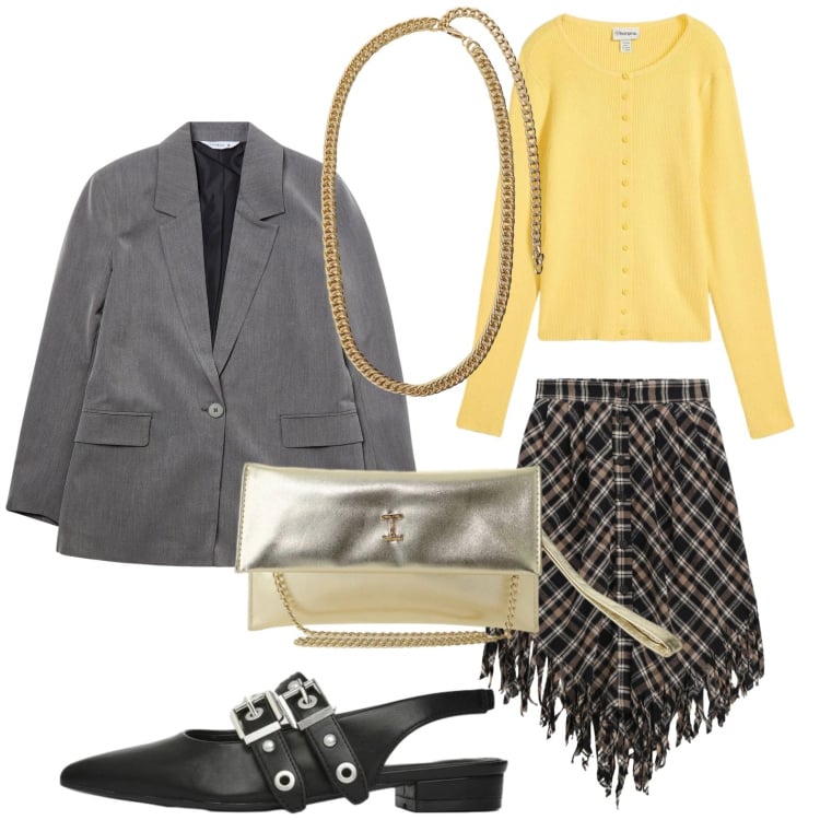 Outfit donna - Accessori gold. Stile Trendy per Tutti i giorni. Abbinamento con cardigans, blazer, ballerine, borse a tracolla, gonne longuette, collane.