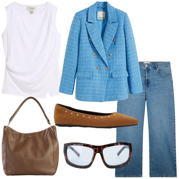 Outfit donna - Ballerine borchiate. Stile Casual per Tutti i giorni. Abbinamento con top, blazer, ballerine, borse a tracolla, jeans, occhiali da sole.