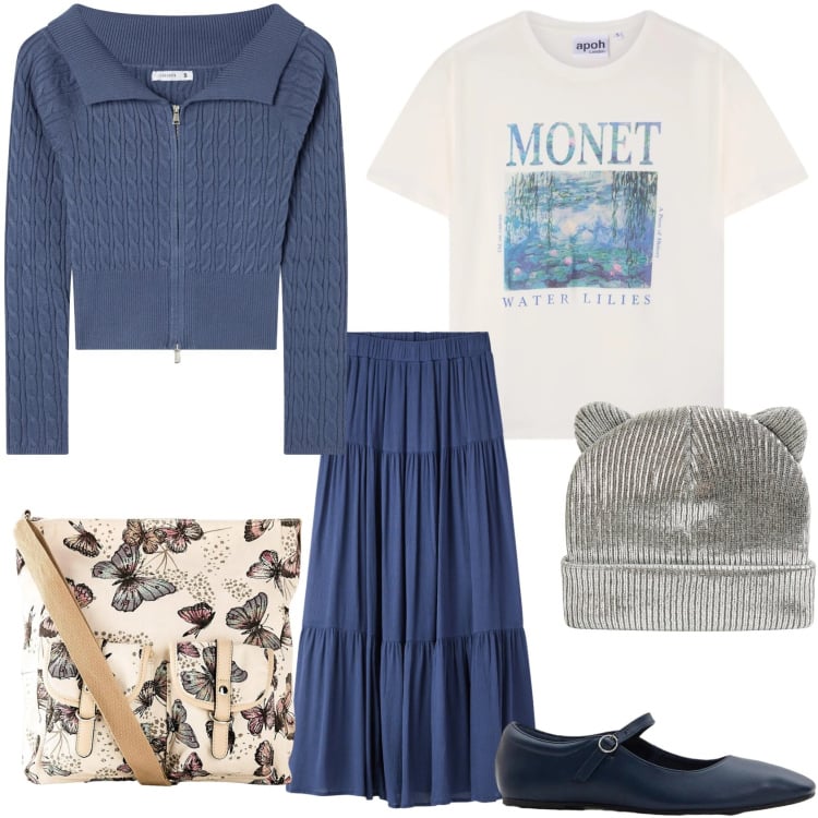 Outfit donna - La t-shirt "Monet". Stile 70s per Tutti i giorni. Abbinamento con borse a tracolla, ballerine, t-shirt, cardigans, gonne lunghe, berretti.