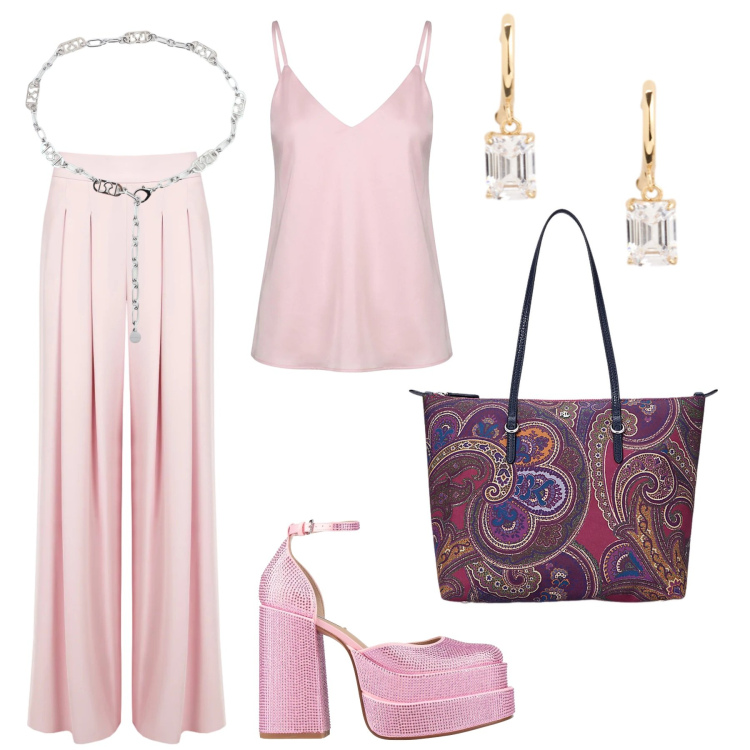Outfit donna - Total look #2368853. Abbinamento con borse tote, orecchini, pantaloni a palazzo, cinture, top, décolleté.