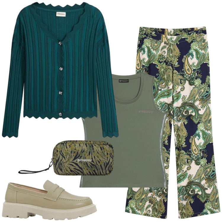 Outfit donna - Sfumature di verde. Stile Casual per Tutti i giorni. Abbinamento con pantaloni, cardigans, mocassini, canottiere, valigie.