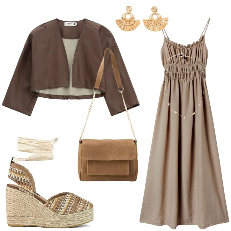 Outfit donna - L\'abito lungo. Stile Trendy per Tutti i giorni. Abbinamento con orecchini, collane, borse a tracolla, vestiti lunghi, blazer, zeppe.