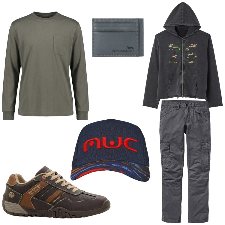 Outfit uomo - Total look #2368859. Stile Urban per Tutti i giorni. Abbinamento con pantaloni cargo, sneakers, t-shirt, portafogli, cappelli con visiera, felpe con cappuccio.