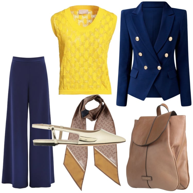 Outfit donna - Tempo di blazer. Stile Casual per Tutti i giorni. Abbinamento con sciarpe, ballerine, zaini, pullovers, blazer, pantaloni a palazzo.