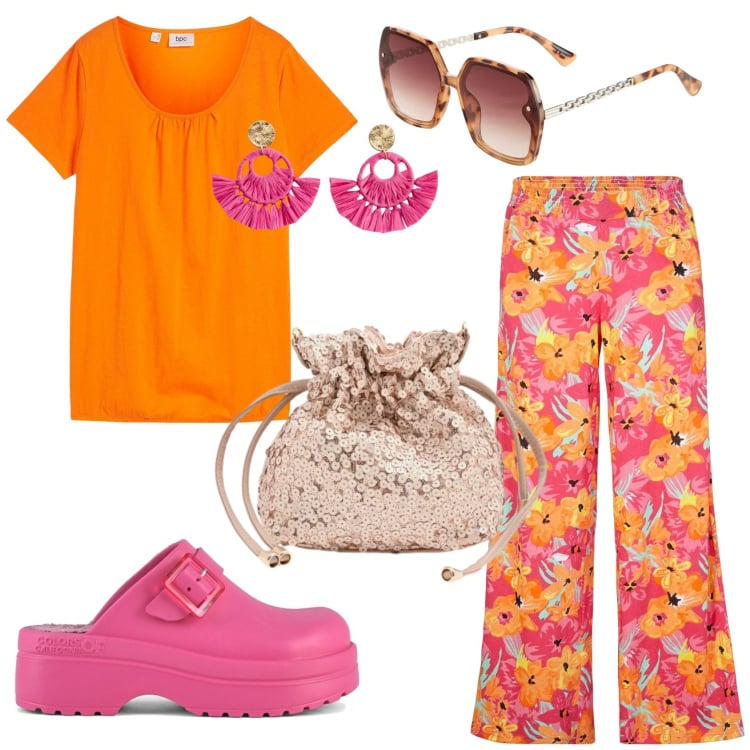 Outfit donna - Colori a contrasto. Stile Trendy per Tutti i giorni. Abbinamento con pantaloni a palazzo, t-shirt, orecchini, occhiali da sole, pochette, sandali.