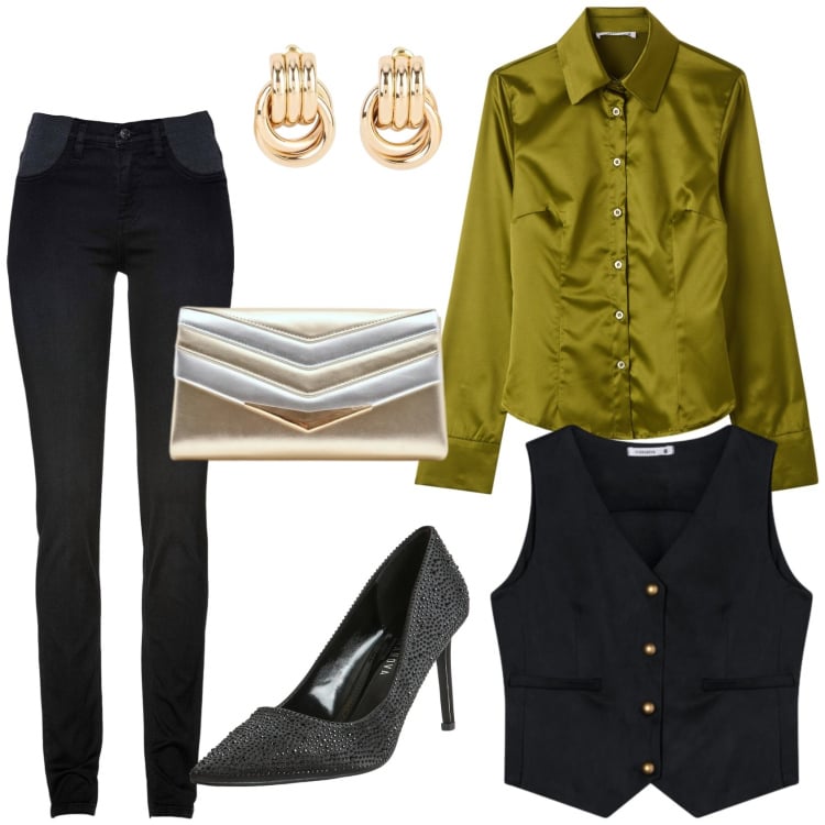 Outfit donna - Outfit primavera 2026. Stile Casual chic per Serata fuori. Abbinamento con jeans skinny, orecchini, gilet, camicie, décolleté, pochette.