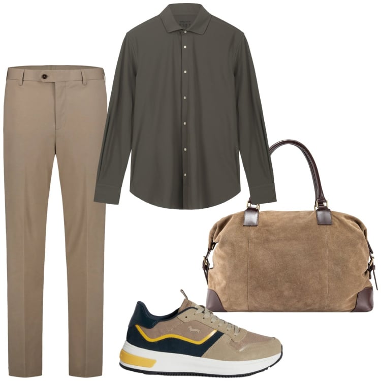 Outfit uomo - Di corsa. Stile Casual per Tutti i giorni. Abbinamento con sneakers, borse sportive, camicie, pantaloni.
