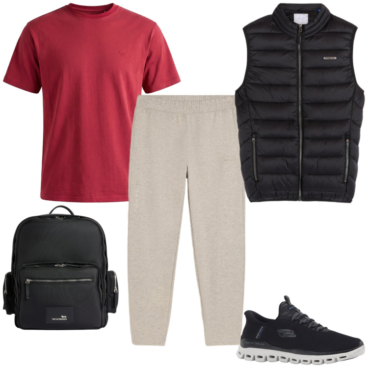 Outfit uomo - Total look #2368872. Stile Casual per Sport. Abbinamento con sneakers, t-shirt, borse sportive, pantaloni, piumini.