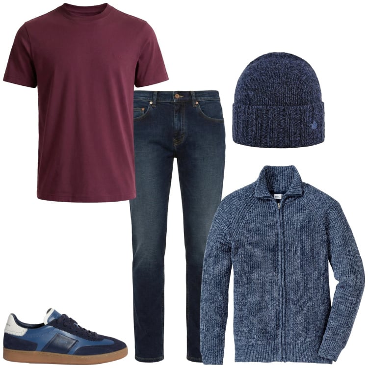 Outfit uomo - Total look #2368873. Stile Casual per Ufficio. Abbinamento con cardigans, jeans, sneakers, t-shirt, cappelli.