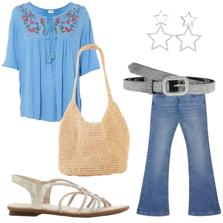 Outfit donna - Boho vibes. Stile Boho per Tutti i giorni. Abbinamento con tuniche, shopping bag, sandali, jeans a zampa, cinture, orecchini.