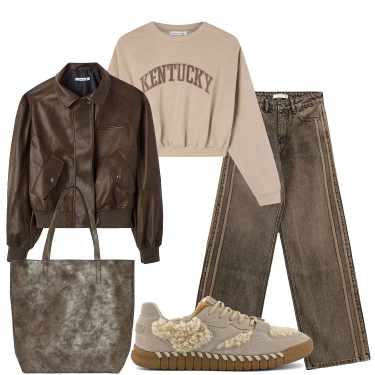 Outfit donna - Pomeriggio di shopping. Stile Casual per Tutti i giorni. Abbinamento con shopping bag, felpe, giacche, jeans, sneakers.