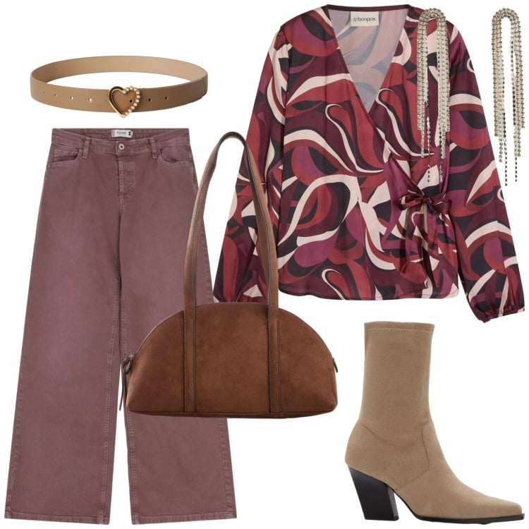 Outfit donna - La blusa fantasia. Stile Trendy per Tutti i giorni. Abbinamento con camicie, borse a tracolla, stivaletti, cinture, orecchini, pantaloni a palazzo.