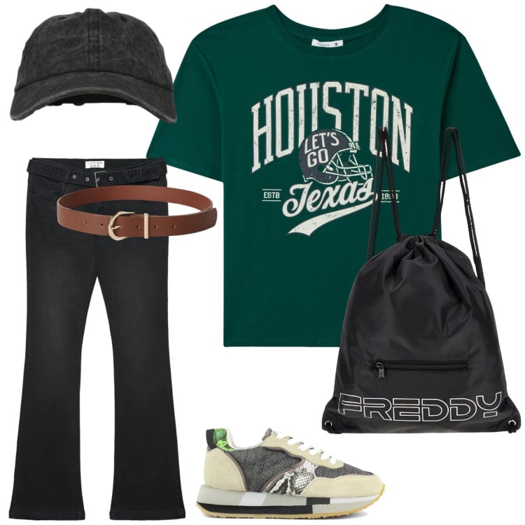 Outfit donna - Mannish sportivo. Stile Mannish per Tutti i giorni. Abbinamento con jeans a zampa, cinture, cappelli con visiera, t-shirt, zaini, sneakers.