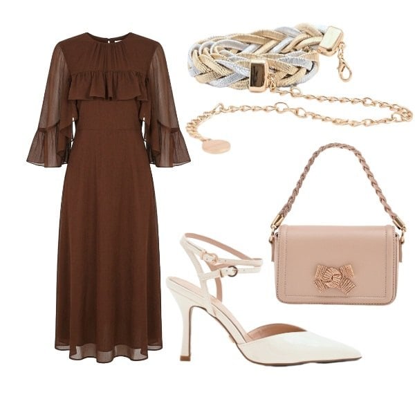 Outfit donna - Cerimonia con rouche. Stile Chic per Cerimonia. Abbinamento con pochette, vestiti midi/longuette, cinture, décolleté.