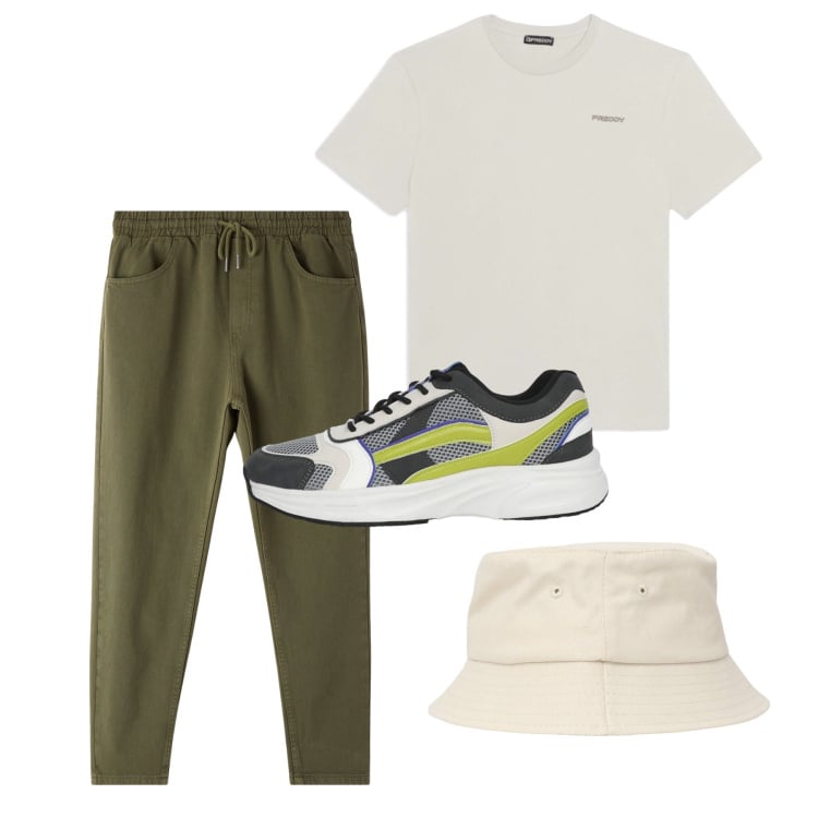 Outfit uomo - Marzo. Stile Casual per Tutti i giorni. Abbinamento con t-shirt, cappelli con visiera, pantaloni, sneakers.