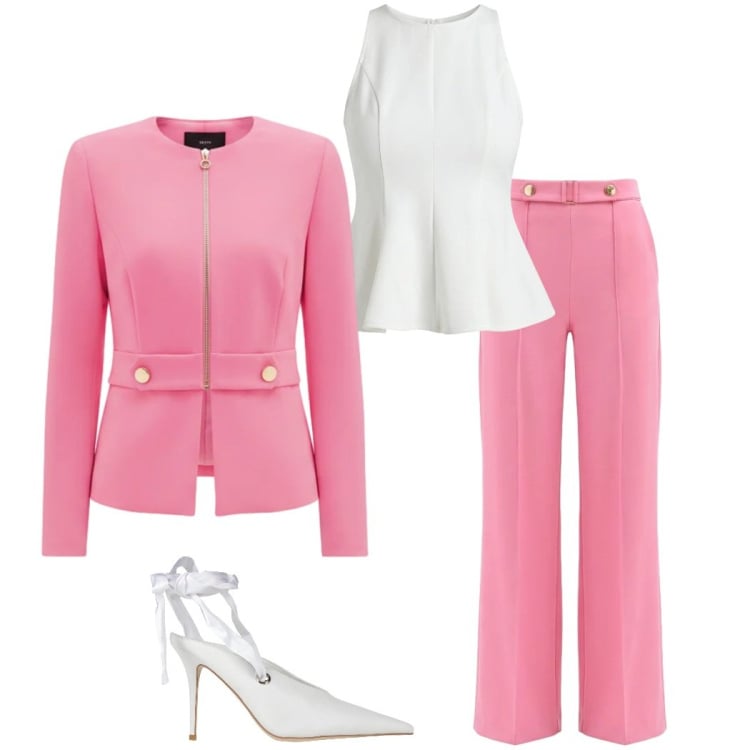 Outfit donna - Marzo = rosa. Stile Chic per Cerimonia. Abbinamento con décolleté, canottiere, blazer, pantaloni a palazzo.