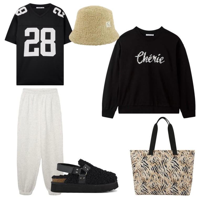 Outfit donna - Sleeping morning. per Tutti i giorni. Abbinamento con felpe, t-shirt sportive, pantaloni sportivi, cappelli, shopping bag, sabot.