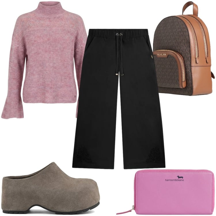 Outfit donna - Total look #2368948. Stile Trendy per Tutti i giorni. Abbinamento con zaini, maglieria, portafogli, pantaloni, zoccoli.