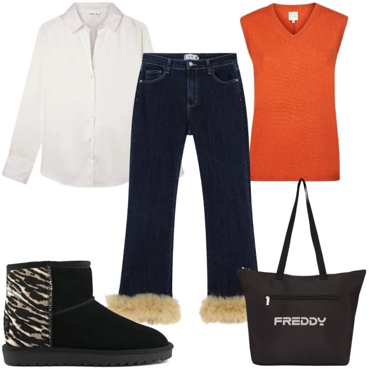 Outfit donna - Total look #2368949. Stile Trendy per Tutti i giorni. Abbinamento con camicie, pantaloni, shopping bag, maglieria, stivali.